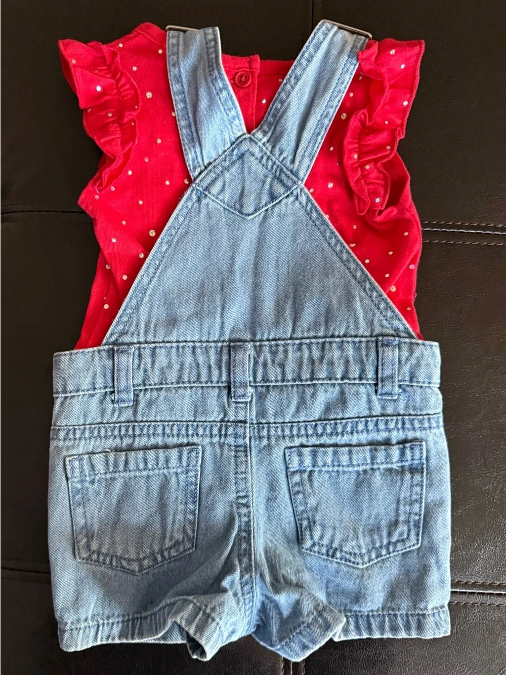 Little Lass Denim Cherry Shortalls with Red Tee - Picture 2 of 7